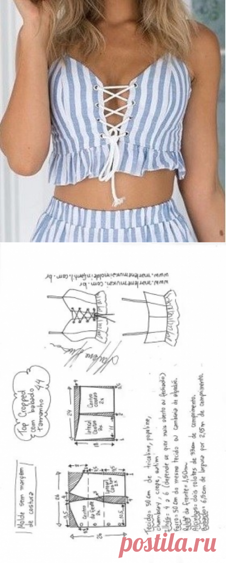 Blusa top cropped com babado e alcinha | DIY - molde, corte e costura - Marlene Mukai
