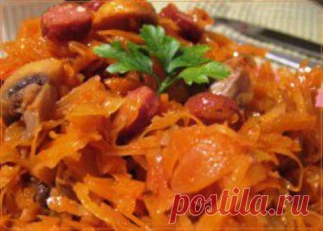 Тушеная капуста с грибами и колбасками | Рецепты вкусно