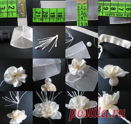 Красивые листики и цветы из лент.