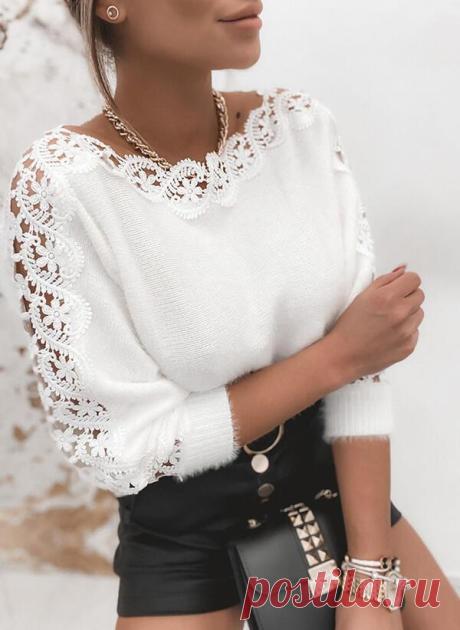 Sexy V-neck lace stitching solid color long-sleeved sweaters - Cicicloth