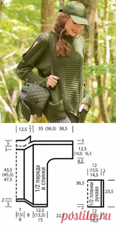 Вязание спицами и крючком: Оригинальный зеленый джемпер с застежками и вырезами