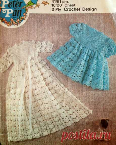 vintage crochet pattern for baby dress and christening gown 16 18 and 20 inch chest 3 ply This is a PDF file containing the crochet pattern for these absolutely gorgeous crochet items.    A short dress and a simply stunning gown. How beautiful.    The file will be available for instant download once payment is received.    Thanks very much for looking.
