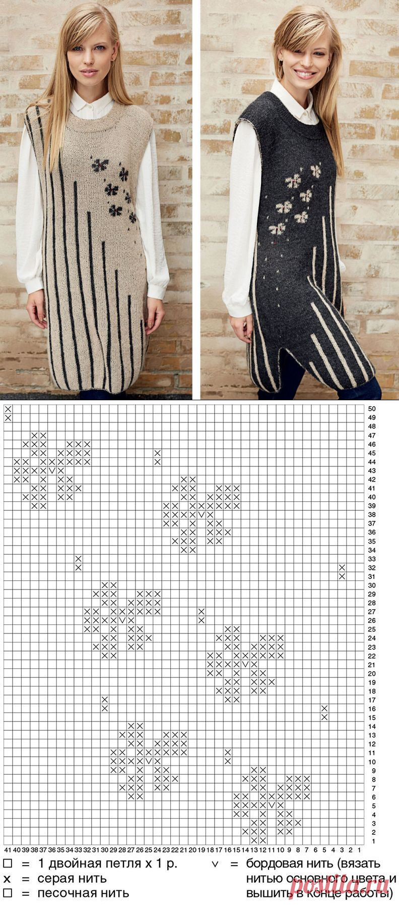 Вяжем спицами двусторонний сарафан с узором из полос и цветов – схемы с описанием