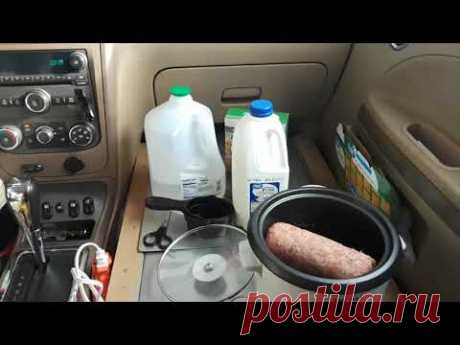 Cooking in the car, with rice cooker.