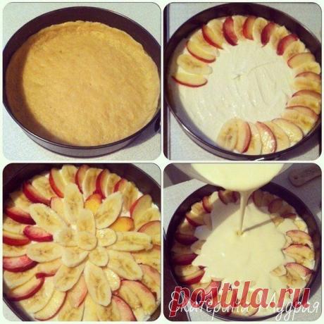 Творожная запеканка с персиками/бананами в сметанной заливке / Свежие рецепты
