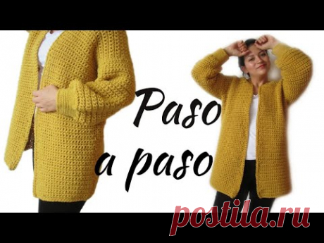 😍 Cómo tejer SACO MOSTAZA / CARDIGAN con lana gruesa a Crochet - Paso a Paso SENCILLO