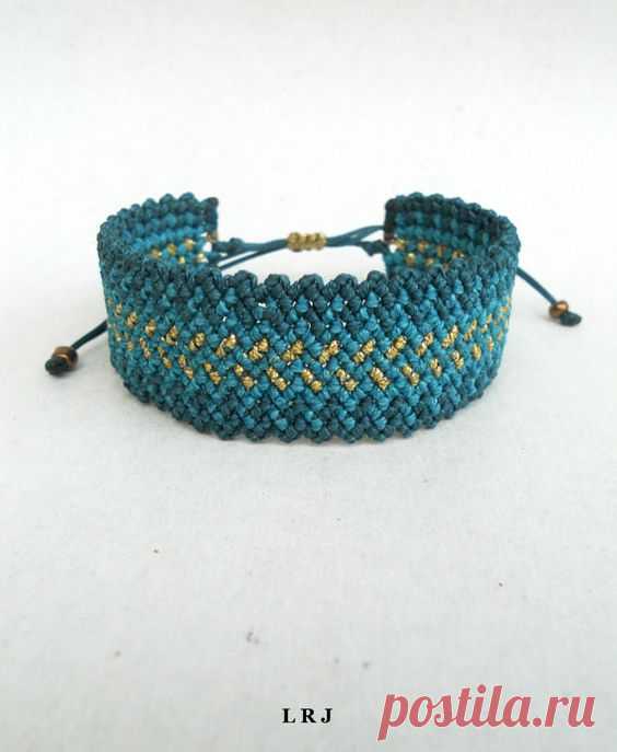 Macrame wavy cuff bracelet, Pine Green Petrol Blue and Gold, Adjustable, Makrame wristband, Ethnic, Gypsy, Zig zag, Hand knotted jewelry