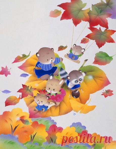 Животных иллюстрации осеннее небо, листья лодки, животные, которые ездят с парашютом