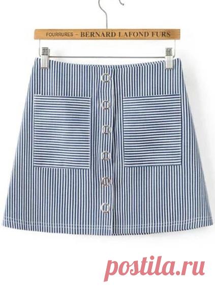 Blue Vertical Striped Eyelet Detail Skirt With Pocket