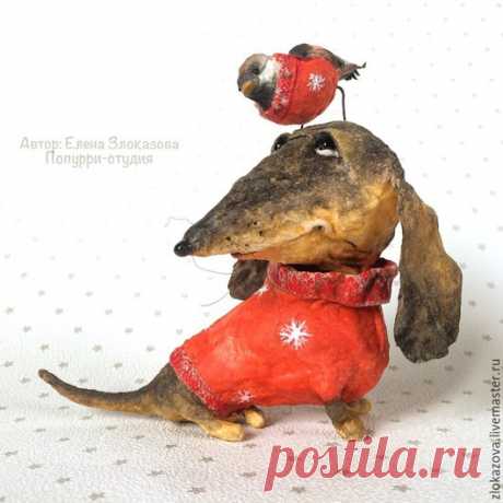 Купить такс и воробей - коричневый, такса, таксы, такс, собачка, собака из ваты, собака