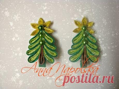 Заколочки "Ялинки" канзаши. Заколочки "Елочки" своими руками. Hair clip "Christmas tree" kanzashi
