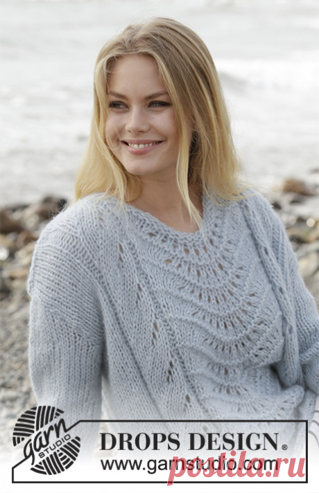 Knitted jumper with lace pattern. Sizes S - XXXL. The piece is worked in DROPS Air and DROPS Brushed Alpaca Silk.
