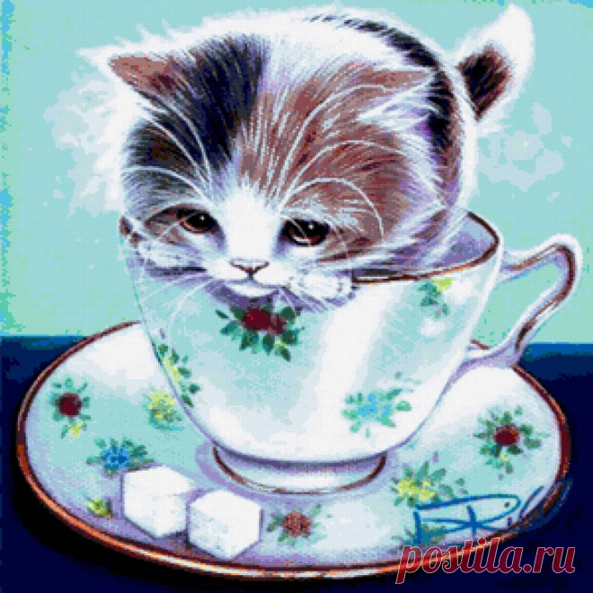 Схема вышивки «Котёнок в чашечке» - Вышивка крестом