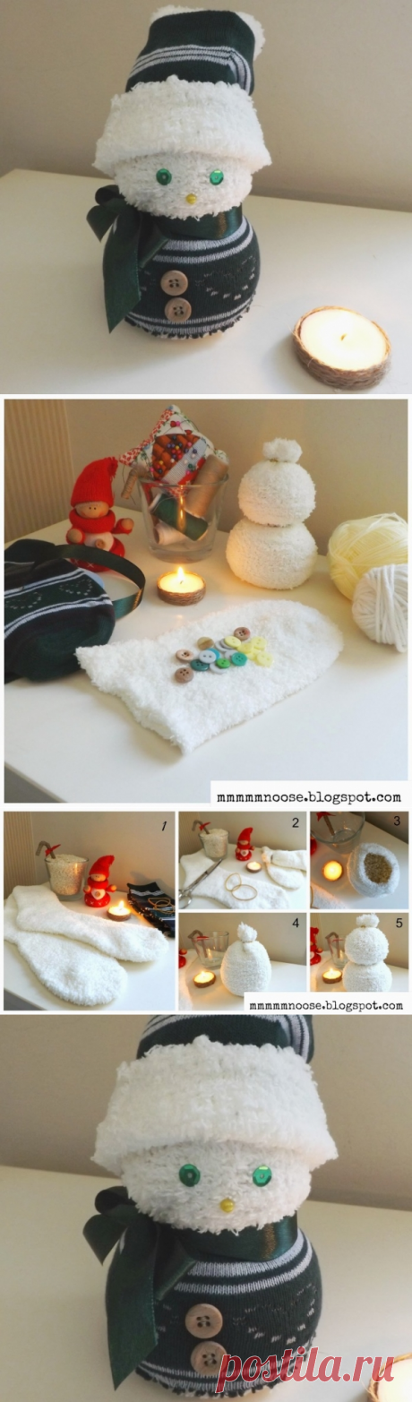 Милый снеговик своими руками

Такого снеговичка очень весело мастерить с детьми, к тому же для укладывания крупы в носок вам может понадобится помощник. Смастерите оригинального снеговичка в подарок друзьям или используйте его в качестве новогоднего декора в вашем доме.

Приступим к новогоднему хэнд-мэйду!

Что вам понадобится:
два носка — белый и разноцветный;
резинки;
рис;
несколько пайеток;
портновская булавка;
несколько пуговиц и лента;
нитки с иголкой.