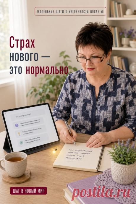 Страх перед новыми технологиями, искусственным интеллектом или любыми переменами знаком многим женщинам после 50. Это естественная реакция на всё незнакомое, а не признак того, что вы не сможете разобраться. Уверенность появляется не до начала пути, а постепенно — с каждым небольшим действием. Иногда достаточно сделать один маленький шаг, чтобы почувствовать: новое уже не кажется таким сложным. Сохраните этот пин, чтобы вернуться к этой мысли в тот момент, когда появятся сомнения и захочется отл