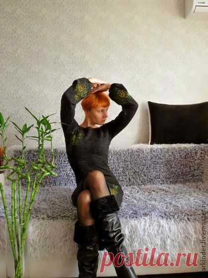 Вязаное платье с вышивкой " Вечерняя грация! - чёрный,рисунок,платье,платье вязаное