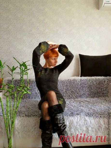 Вязаное платье с вышивкой &quot; Вечерняя грация! - чёрный,рисунок,платье,платье вязаное