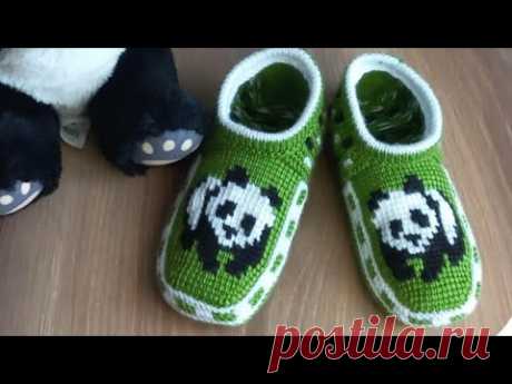 Вязаные детские тапочки🐼🐼 перезалив.🧶 тунисское вязание+спицы