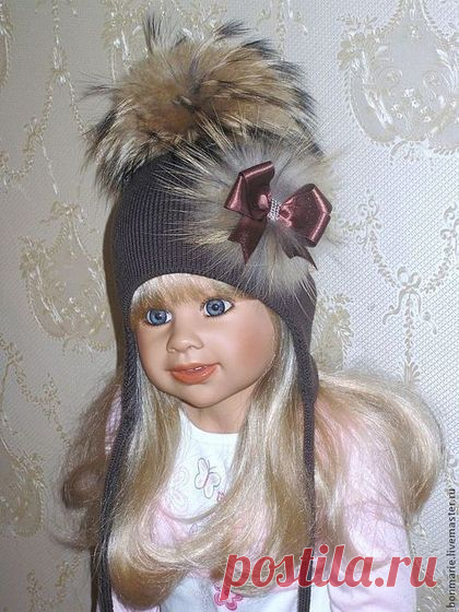 Купить Шапка с меховым помпоном "Горячий шоколад-2" - коричневый, шапочка для девочки, шапочка вязаная