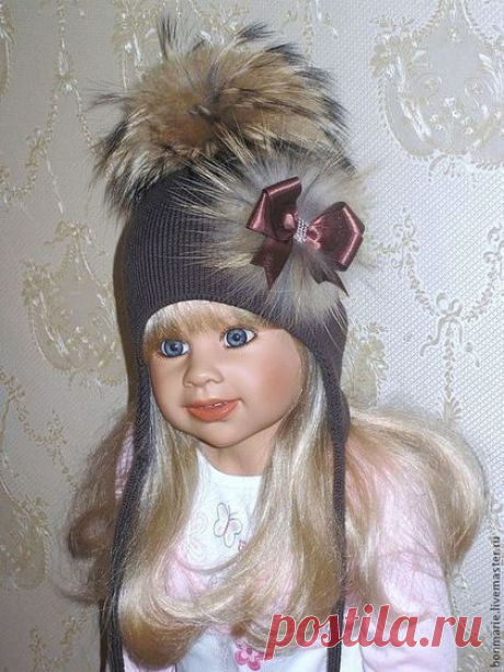 Купить Шапка с меховым помпоном &quot;Горячий шоколад-2&quot; - коричневый, шапочка для девочки, шапочка вязаная