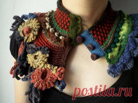 knitted scarflette with crochet flowers in black, mustard yellow, gray, persimmon, brown, olive green and indigo blue colors by irregular expressions | Flickr - Photo Sharing!