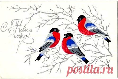 Открытка фото картинка Снегири. С Новым годом! поздравление рисунок Снегири. С Новым годом!