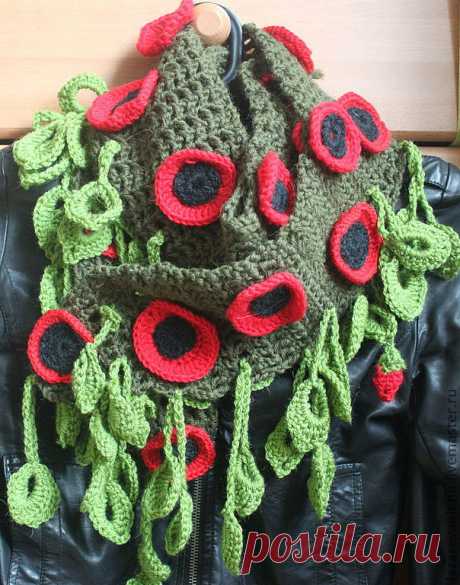 Купить ШАРФ &quot;МАК&quot; - шарф, шарф вязаный, цветочный, маки, шарф в маки, дизайнерские украшения