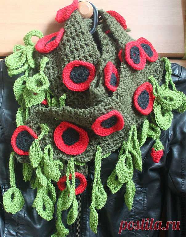 Купить ШАРФ "МАК" - шарф, шарф вязаный, цветочный, маки, шарф в маки, дизайнерские украшения