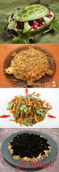Салат Черепаха: с курицей, черносливом, грибами, виноградом, плавленным сыром, красной рыбой | Рецепты