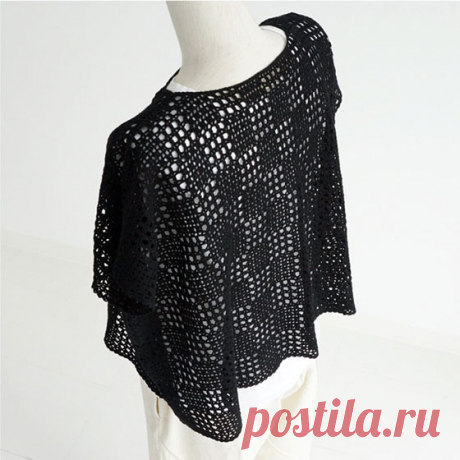 Филейная черная накидка Вязаная крючком филейная черная накидка. Японская схема-выкройка