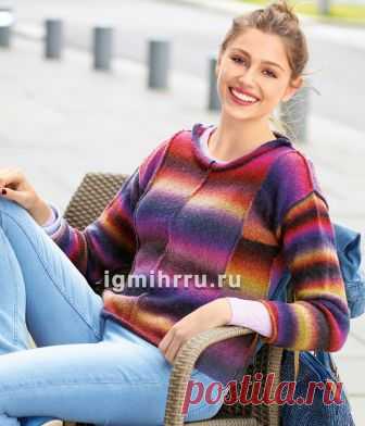 Разноцветный теплый пуловер с внешними швами. Вязание спицами