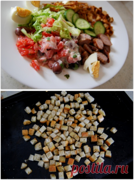Салат "микс" с баварскими колбасками, крутонами и ...