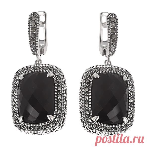 15.690 р-Серебряные серьги ALEXANDRE VASSILIEV с ониксом и марказитами Swarovski TJE045 - Женские украшения