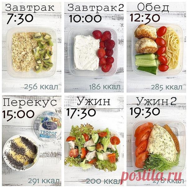 ПРИМЕР РАЦИОНА НА 1500 ккал
 Рацион дня: К/Б/Ж/У 1496/144/45/130

1. Завтрак: овсянка 45 гр (в сухом виде), молоко 1,5% 150 мл, киви 1 шт К/Б/Ж/У 256/10,8/5,4/41,14;
⠀
2. Второй завтрак: творог 200 гр + клубника 50 гр
 К/Б/Ж/У 186/36,3/0,15/10,4;
⠀
3. Обед: спагетти из ЦЗ муки 100 гр, Черри 50 гр, огурец 50 гр, котлеты на пару 2 шт К/Б/Ж/У 285/28/4,7/34;
⠀
4. Перекус: мягкий творог 5% 200 гр, чиа, сироп Агавы 1 ст.л.
 К/Б/Ж/У 291/20/13/24;
⠀
5. Ужин: овощной салат с грудко...