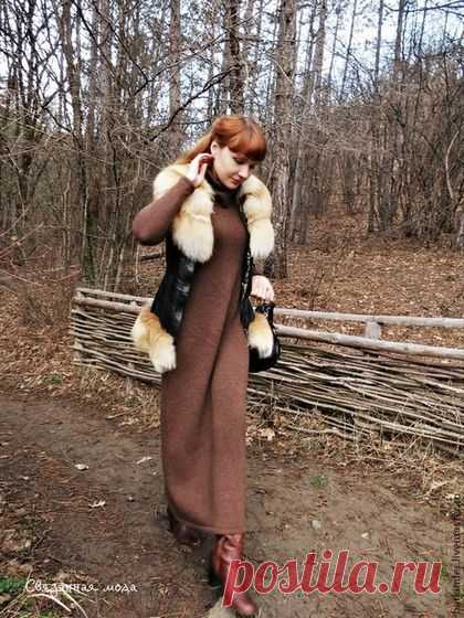 Вязаное длинное платье "Лесная корица " - коричневый,платье,платье вязаное