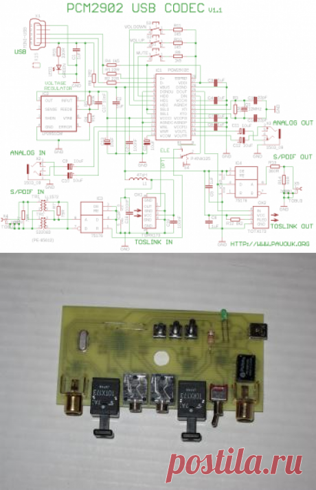 USB soundcard with PCM2902
Сердцами схемы является PCM2902, который является полным аудиокодеком USB. Максимальная частота выборки составляет 48 кГц. Интегрированная схема включает в себя USB-контроллер для АЦП и ЦАП, HID-часть для трех кнопок, регулировки уровня громкости и S / PDIF-кодировщика и декодера.