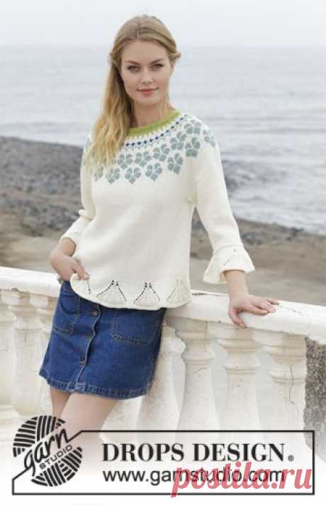 Myosotis / DROPS 191-9 - Free knitting patterns by DROPS Design Jumper with round yoke, multi-coloured Norwegian pattern and ¾-sleeves with flounce, knitted top down. Size: S - XXXL Piece is knitted in DROPS Cotton Merino.