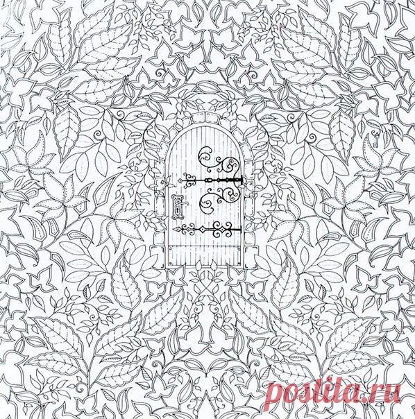 Дверь на стене поросшей листвой Лучшие раскраски антистресс