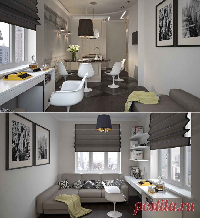 32 квадратных метра: спальня, кухня, гардероб, санузел и рабочая зона – Roomble.com