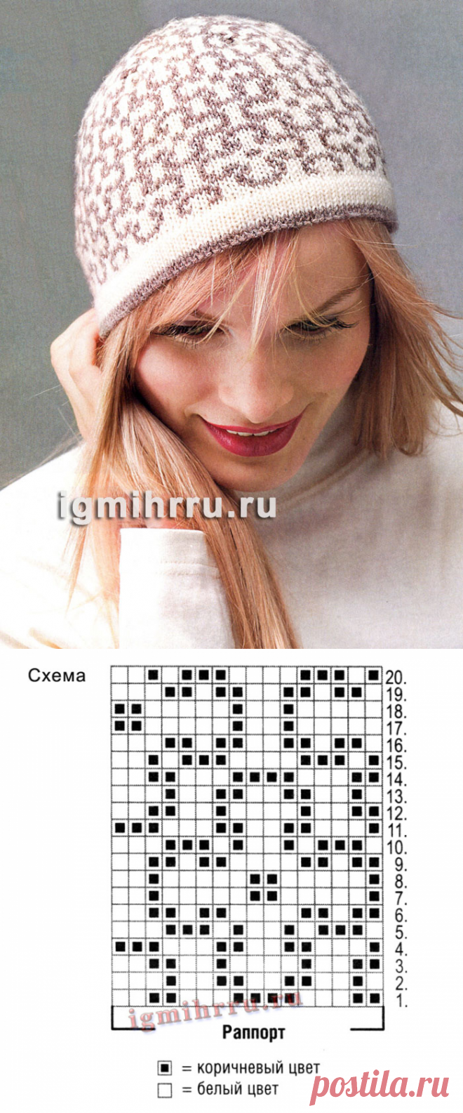Шапка с жаккардовыми цветочками. Вязание спицами