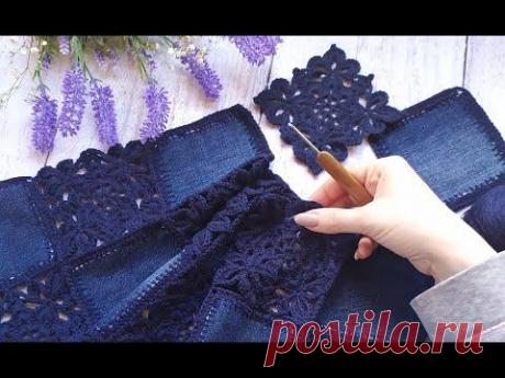 Кардиган &quot;Jeans&quot;. Крючок+ткань. Часть 2. Вяжем мотив 1-3 ряды.