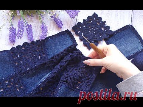 Кардиган "Jeans". Крючок+ткань. Часть 2. Вяжем мотив 1-3 ряды.