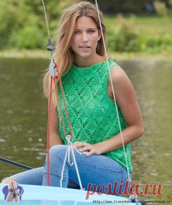 Вяжем зеленый топик РазмерыS/M (L/XL) Материалы  Пряжа Schachenmayr Catania (100% хлопок, 50 г/125 м) 5-6 мотков, крючок 3 мм Плотность вязания  31 петля и 12 рядов = 10х10 см узором паучки по схеме 1 паучок = 7.