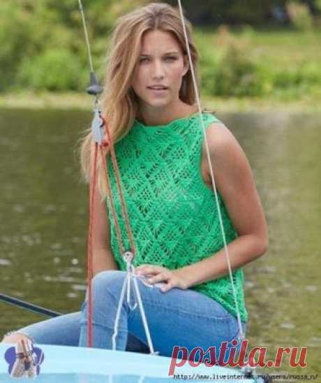 Вяжем зеленый топик РазмерыS/M (L/XL) Материалы  Пряжа Schachenmayr Catania (100% хлопок, 50 г/125 м) 5-6 мотков, крючок 3 мм Плотность вязания  31 петля и 12 рядов = 10х10 см узором паучки по схеме 1 паучок = 7.