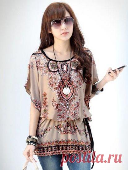 Бежевая блузка-туника с круглым вырезом и растительным принтом Коллекция 2014: