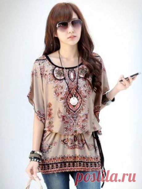 Бежевая блузка-туника с круглым вырезом и растительным принтом Коллекция 2014: