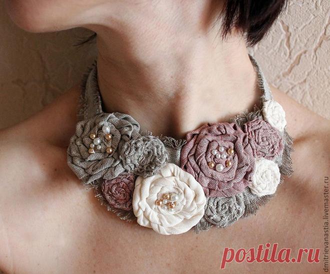 Текстильное колье " Сливочное" - серый,текстильное украшение,текстильное колье