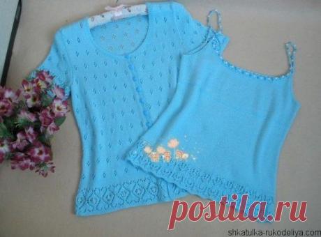 Красивый комплект спицами Женский комплект спицами: топ и жакет. Схема вязания спицами двойка: топ и жакет