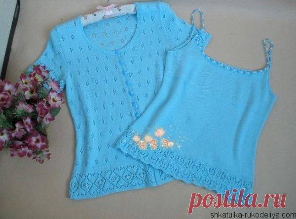 Красивый комплект спицами Женский комплект спицами: топ и жакет. Схема вязания спицами двойка: топ и жакет