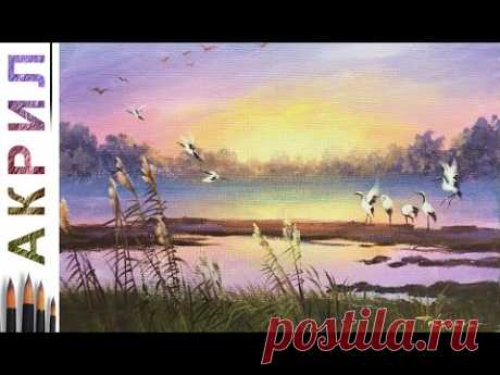 Сиреневый закат. Аисты. Как нарисовать пейзаж 🎨АКРИЛ! Сезон 6-6 | Мастер-класс ДЕМО